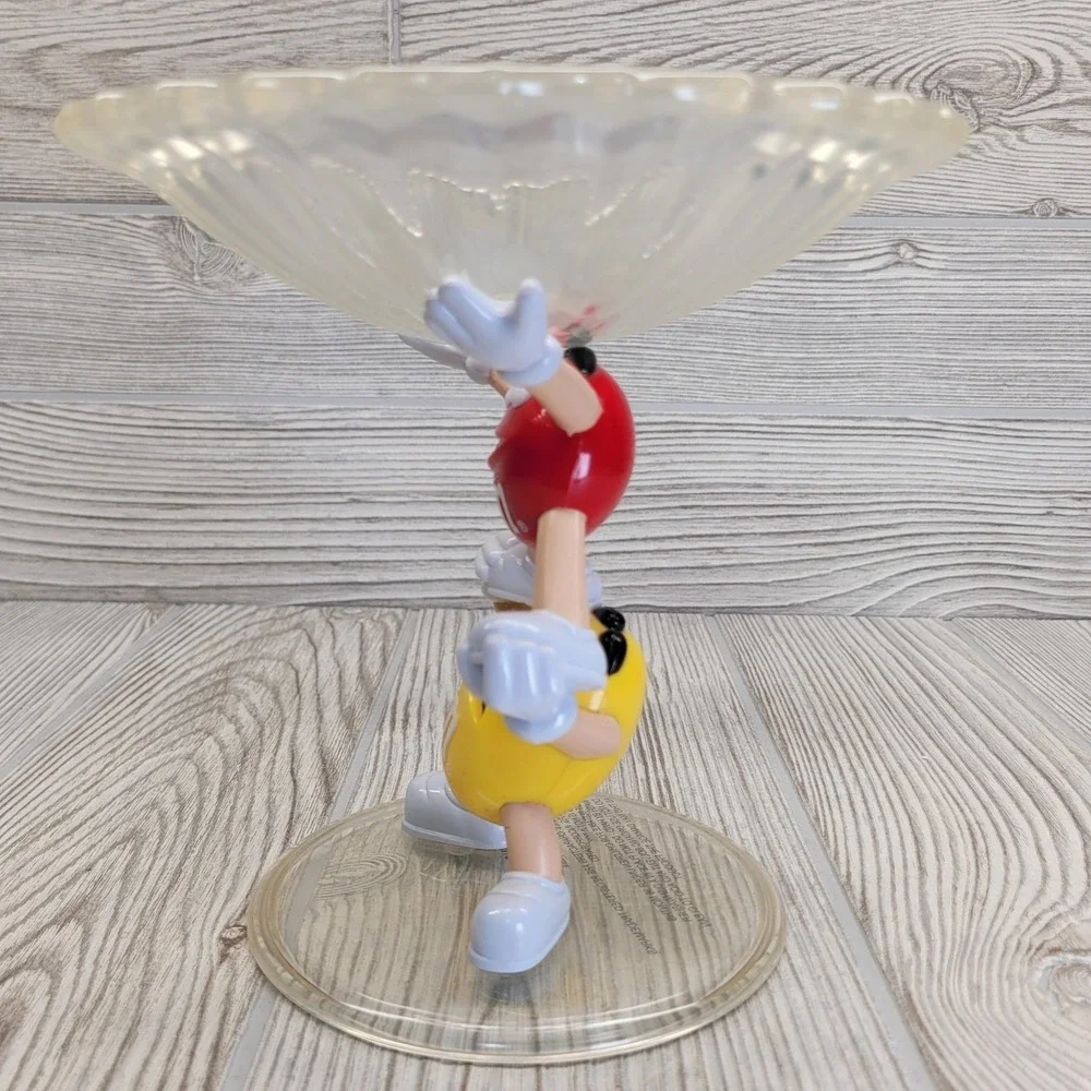 M&Ms Candy Bowl Red Yellow Character Acrobat Pedestal Dish Clear Plastic 7in Vtg